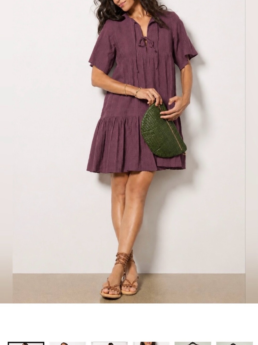 Emerson Fry Love Tomas Wine Mauve Tie-Neck Short Sleeve Tiered Dress